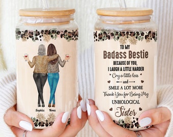 Funny Bestie Glass Coffee Cups with Lid & Straw, Personalized Glass Mugs Birthday Gift for Her, Best Friend Sister, Custom Friendship Gift