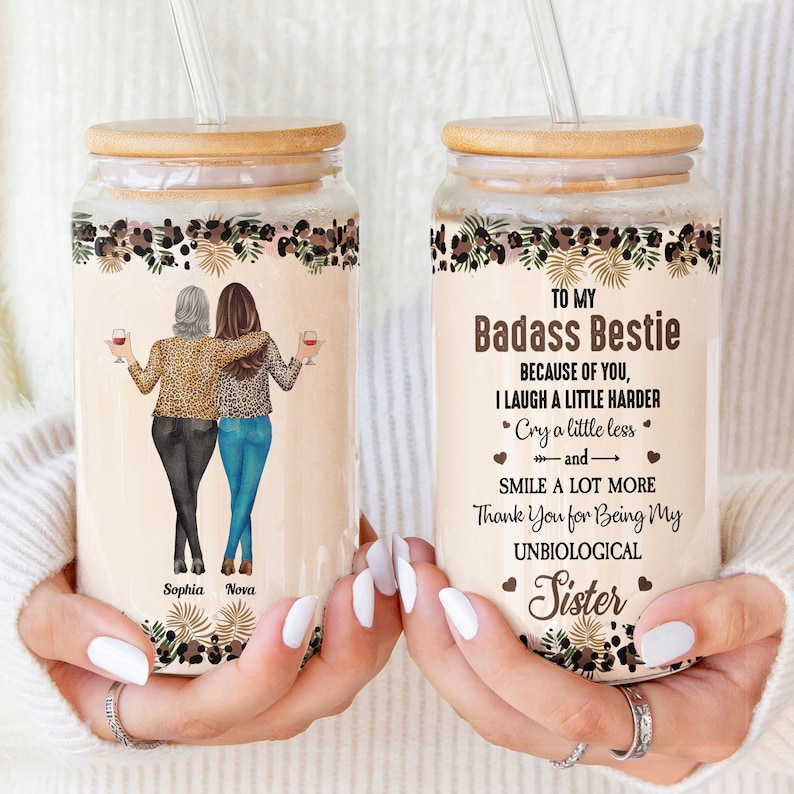 Funny Bestie Glass Coffee Cups with Lid & Straw, Personalized Glass Mugs Birthday Gift for Her, Best Friend Sister, Custom Friendship Gift image 1