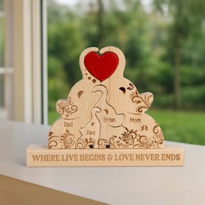 Elephant Family Custom Names, Personalized Wooden Elephant Family Puzzle, Wooden Animal Carvings, Family Home Decor, Gift for Pet Lovers