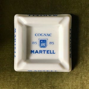 A beautiful Opalex glass blue & white french Martell ashtray from the 1960s. Trés Chic.. Think French bar Cafe or Bistro. Classic Vintage