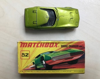 A rare green Matchbox Superfast Dodge Charger Mk3 in good playworn condition. Series no52 British Vintage with original box. Classic car!