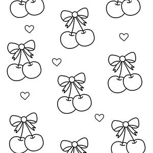 May include: A monochrome pattern of cherries with bows and hearts on a white background. The design is repeated. Text at the bottom reads "Unpurchased from Jessicasjewellsco on Etsy."