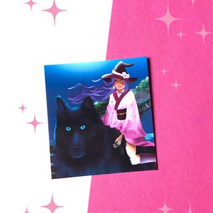 Sticker vinyle magicienne loup noir, Autocollant magie kawaii, sticker Scrapbooking