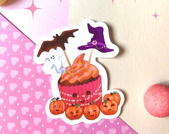 Kawaii Halloween Cupcake Vinyl Aufkleber, Süße Leckereien Aufkleber, Kürbis Muffin Aufkleber, Halloween Gebäck Dessert