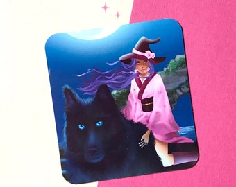 Black wolf magician magnet, Kawaii magic magnet, Decorative magnet, Kawai halloween magnet