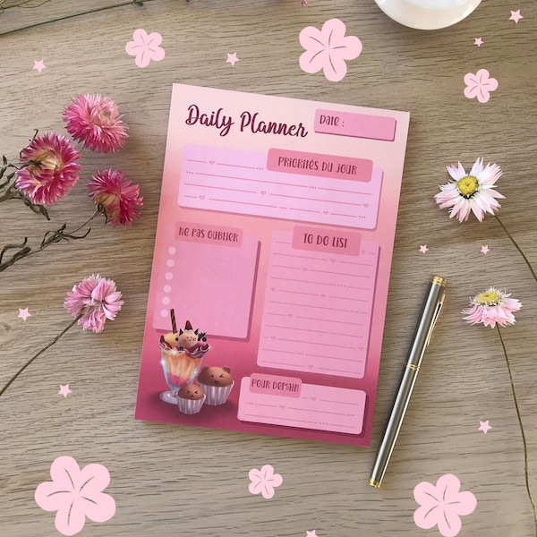 Planificateur quotidien A5, daily planner, planner journalier, to do list memo kawai détachables 50 pages