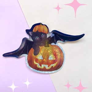 Sticker vinyle chat chauve souris halloween, Autocollant halloween, sticker citrouille chat, Sticker kawaii, Scrapbooking halloween,