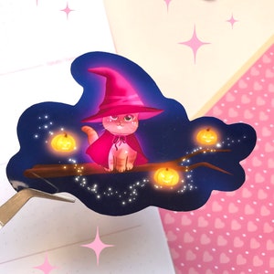 Sticker vinyle chat sorcier, Autocollant halloween, sticker citrouille, Sticker magie, sticker chat magicien kawaii, Scrapbooking