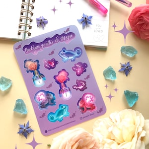 Planche de stickers magie, rose champignon magique crapeau cameleon