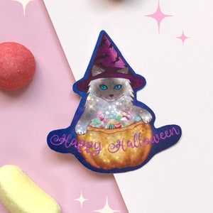 Sticker vinyle chat magicien bonbons halloween, Autocollant halloween, sticker citrouille, Sticker kawaii, Scrapbooking halloween,