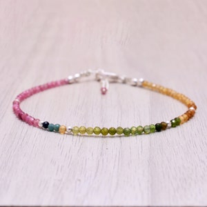 Watermelon Tourmaline Bracelet in Rose Gold&Silver, Rainbow Tourmaline October Birthstone Bracelet, Beaded Stackable Bracelets for Women