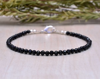 Black Tourmaline Bracelet, Dainty Bracelets for Women, October Birthstone Beaded Bracelet in Sterling Silver, Rose Gold, Black Bracelet