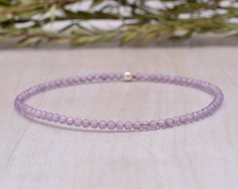 Lavender Amethyst Stretch Bracelet, Beaded Delicate Pale Pink Elastic Jewelry, February Birthstone