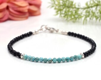 Dainty Black Spinel Bracelet with Genuine Turquoise, Natural Gemstone Jewelry
