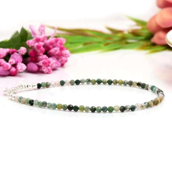 Dainty Green Moss Agate Anklet: Sterling Silver Gemstone Ankle