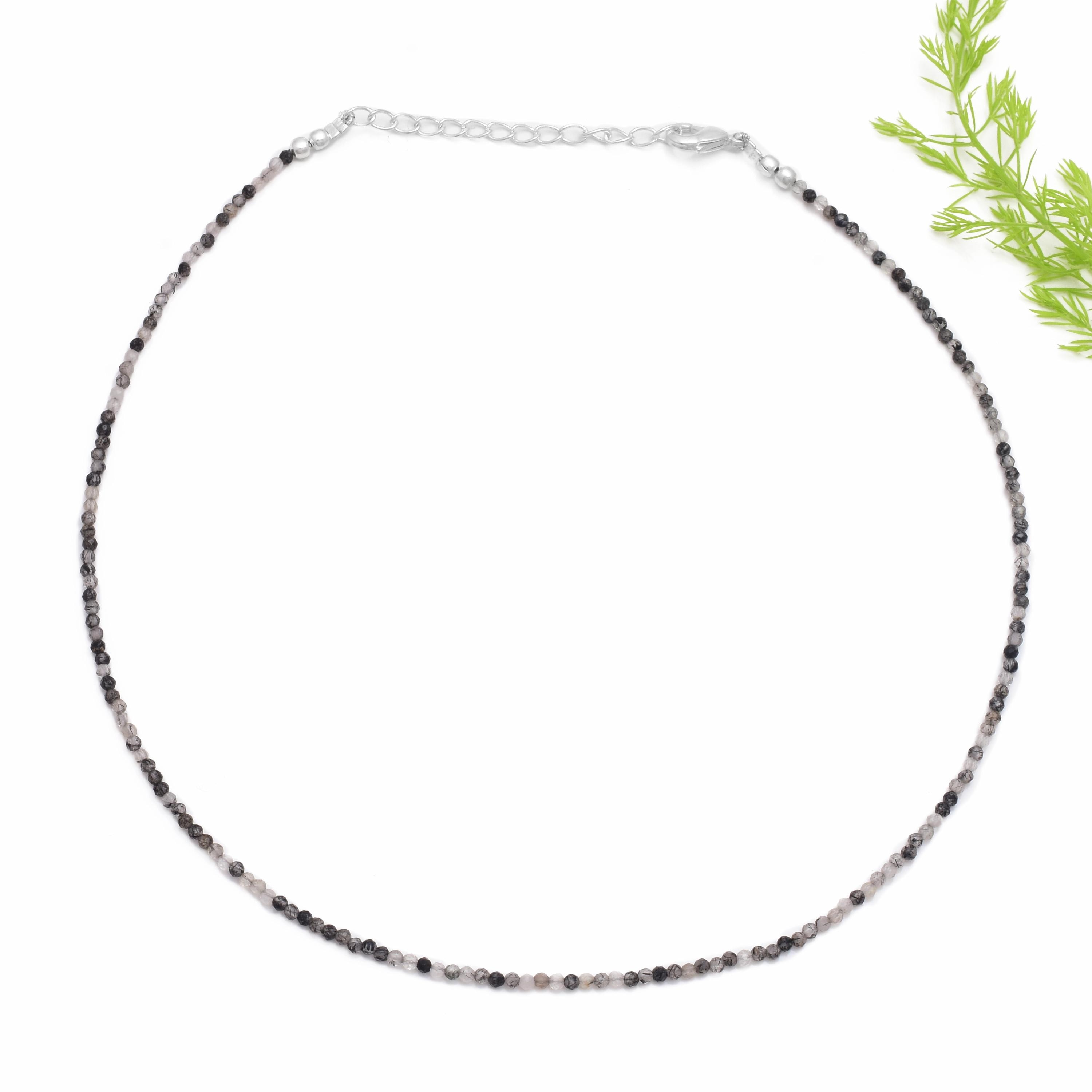 Collana Girocollo In Tormalina Nera 2mm, Perle Tonde, Argento, Guarigione, Fatta A Mano USA