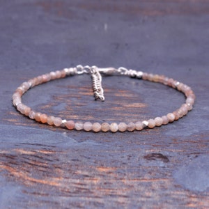 May include: A delicate silver anklet with a chain extender and small, light pink and brown gemstone beads.