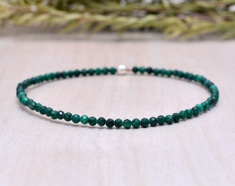 Malachite Stretch Bracelet, Delicate Beaded Green Gemstone Jewelry, Genuine Small Faceted Gemstones