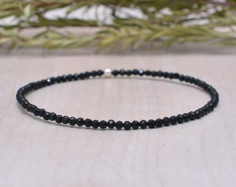 Dainty Black Tourmaline Stretch Bracelet, Ultra Delicate Faceted Beaded Gemstone Jewelry