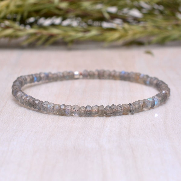 Bracelet en labradorite, bijoux d'empilage élastiques en pierres précieuses grises perlées, petites perles à facettes extensibles délicates