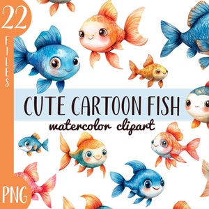 Watercolor cute cartoon fish clipart - aquarium tropical fish illustrations - funny goldfish graphic-hobbies, pets PNG-illustration for kids