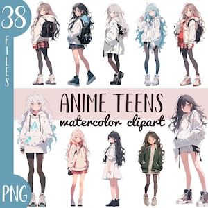 Personajes de anime adolescentes en acuarela, clipart - lindos adolescentes kawaii PNG - Gráficos de estilo japonés - dibujos animados de adolescentes, sublimación de hombres jóvenes