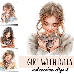 Aquarell Mädchen mit Ratte Clipart - lustige Comic-Mäuse Grafik-süßes Porträt von Frau und Ratte Haustier Sublimation PNG-Nagetiere, Ratte, pelzige Freunde