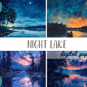 Aquarel nacht meer clipart - avond natuur illustraties - boot op water, bos, meer, sterren JPG-nacht landschapsafbeeldingen-in de buurt van het water