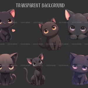 K&ouml;nnte beinhalten: Sechs Illustrationen von schwarzen Cartoon-Katzen in verschiedenen Posen, mit gro&szlig;en Augen und rosa Innenohren. Eine Katze hat ein rosa Herz. Der Text "TRANSPARENT BACKGROUND" steht oben. Die Katzen sind im Anime-Stil gezeichnet.
