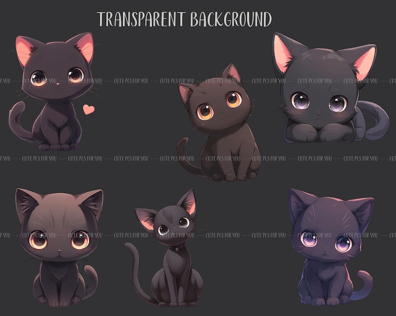 K&ouml;nnte beinhalten: Sechs Illustrationen von schwarzen Cartoon-Katzen in verschiedenen Posen, mit gro&szlig;en Augen und rosa Innenohren. Eine Katze hat ein rosa Herz. Der Text "TRANSPARENT BACKGROUND" steht oben. Die Katzen sind im Anime-Stil gezeichnet.