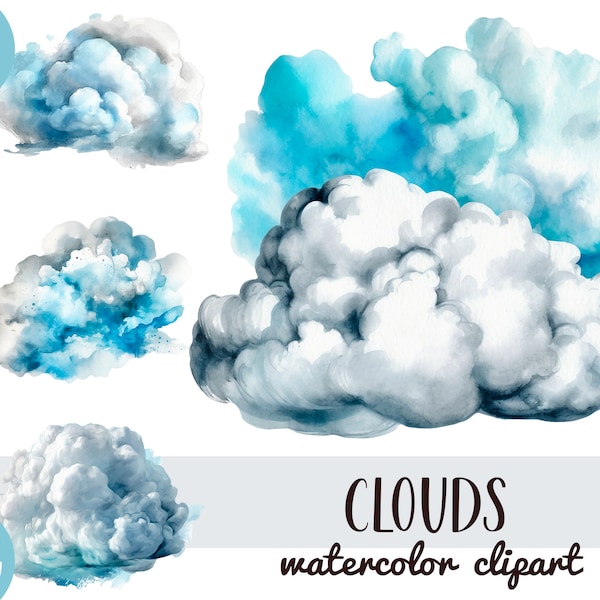 Watercolor clouds clipart - cloud illustrations - cloudy sky digital paper - transparent background - little cloud sublimation JPG