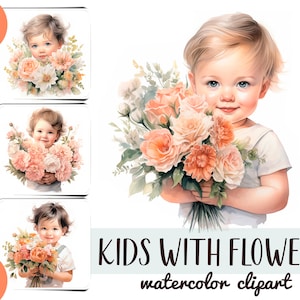 Aquarel kinderen met bloemen clipart - schattig kind met een boeket digitaal papier - kinderillustratie - kunst aan de muur voor kinderkamer - bloemen baby's