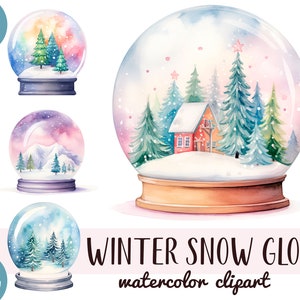 Clipart di globo di vetro con neve invernale ad acquerello - palla di vetro con scena natalizia - souvenir delle vacanze - albero di Natale, paesaggio invernale, casa accogliente