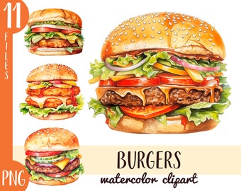 Watercolor Burger Clipart: Fast Food Illustration (Digital Download)