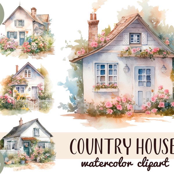 Watercolor village houses clipart - country house illustrations - vacation in the country digital paper-vintage wooden house sublimation JPG