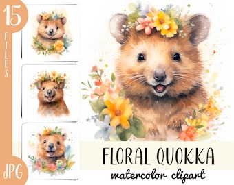 Może przedstawiać: Aquarelowe kliparty z quokką w koronie kwiatowej. Quokka uśmiecha się i ma jasnobrązowe futro. Kwiaty są żółte, pomarańczowe i różowe. Tekst "Floral Quokka watercolor clipart" znajduje się na dole obrazka.
