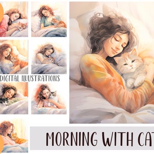 Acuarela de la mañana con imágenes prediseñadas de gato - chicas con lindo gatito sublimación JPG - delicados gráficos de mujer - abrazos con adorable mascota - arte de dormitorio