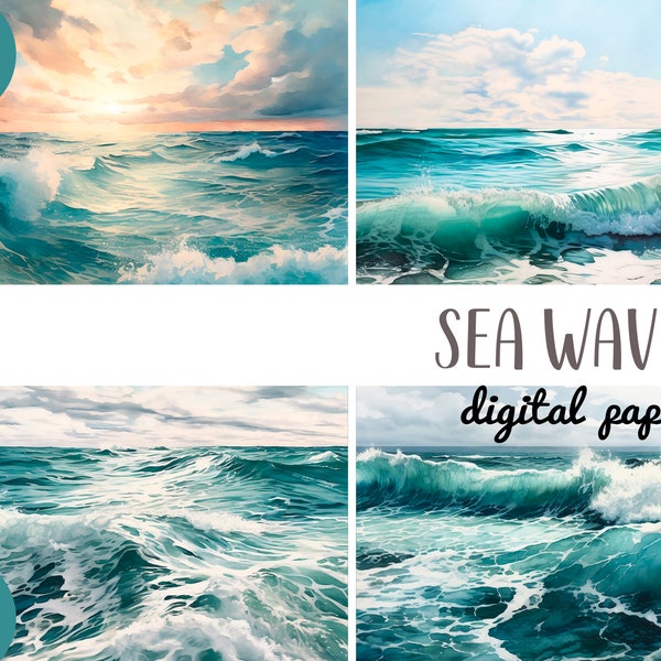 Watercolor sea waves clipart - sea digital paper - sea expanse illustration - blue ocean graphic - seascape art - beautiful nature JPG
