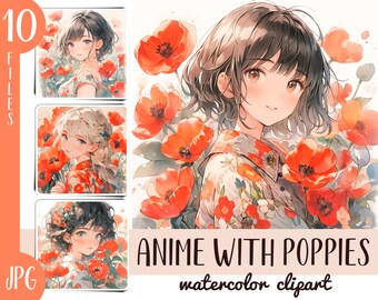 Akvarell Anime Flicka Clipart: Japanska Vallmo (Digital Nedladdning)