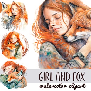 Aquarel meisje en vos clipart - binnenlandse schattige rode vos sublimaties - vrouw met vos PNG - dierlijke soulmate - rood haar meisje - oranje sfeer