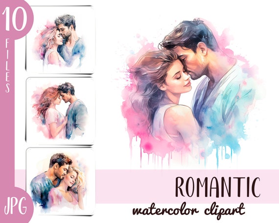 Watercolor Couple Clipart: Romantic Pastel Illustrations (JPG Digital Files)