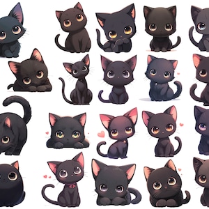 K&ouml;nnte beinhalten: Eine Sammlung von schwarzen Katzen im Cartoon-Stil mit gro&szlig;en Augen und verschiedenen Posen. Einige Katzen sitzen, andere liegen, und einige haben rosa Akzente und kleine Herzen. Die Katzen haben ein niedliches und verspieltes Aussehen.