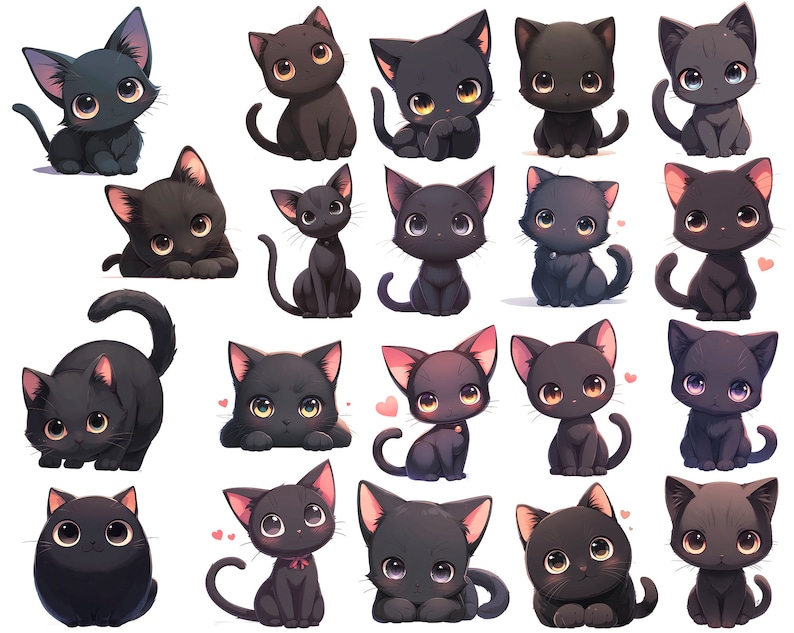 K&ouml;nnte beinhalten: Eine Sammlung von schwarzen Katzen im Cartoon-Stil mit gro&szlig;en Augen und verschiedenen Posen. Einige Katzen sitzen, andere liegen, und einige haben rosa Akzente und kleine Herzen. Die Katzen haben ein niedliches und verspieltes Aussehen.