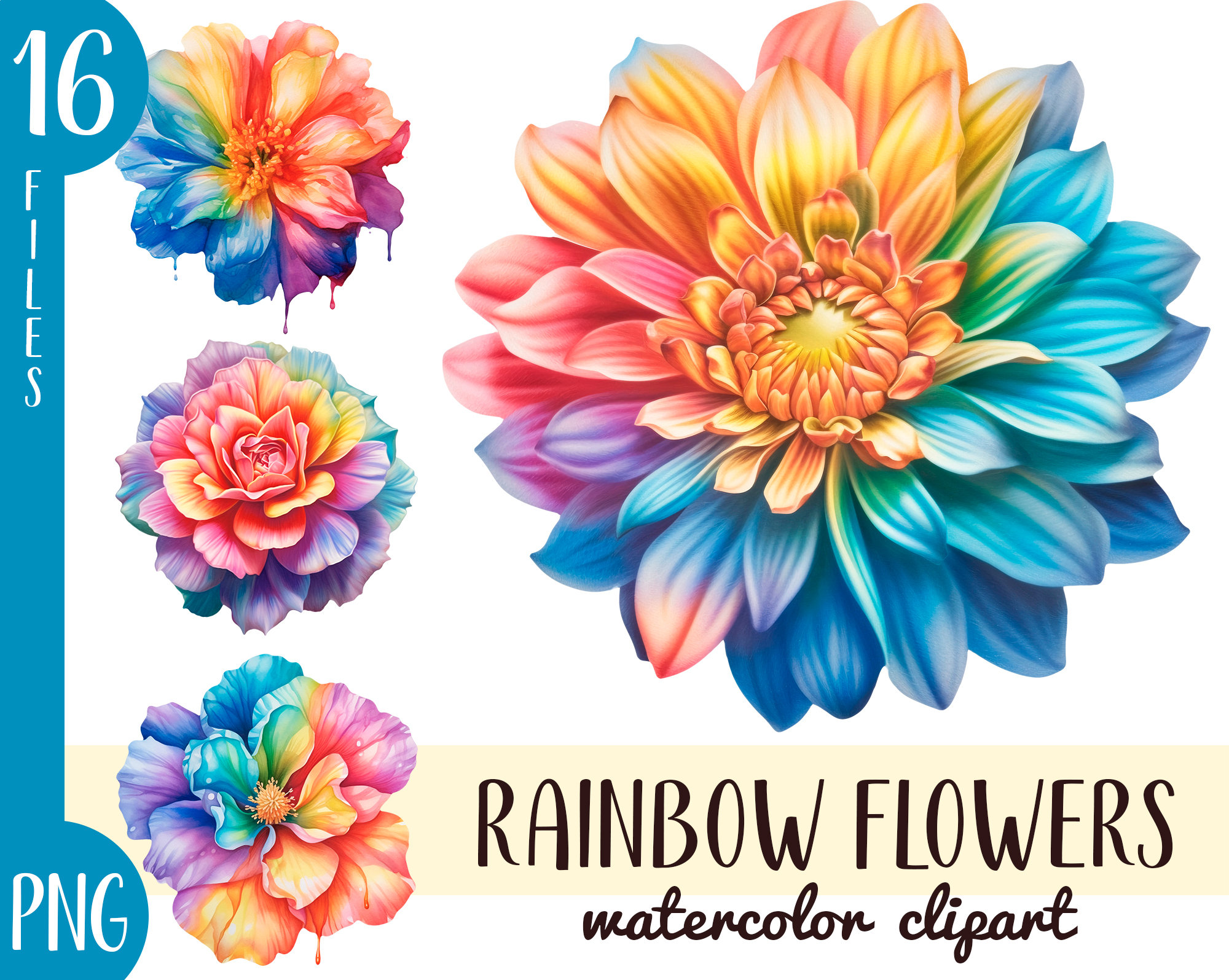 Watercolor Rainbow Flowers Clipart Pastel Rainbow Floral - Etsy