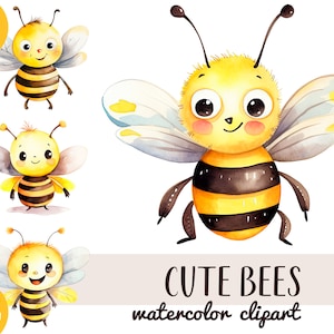 Aquarell niedliche Bienen Clipart - Cartoon Biene Grafiken - positive Illustrationen der Kinder - gelbe und schwarze Stimmung - lustige Insekten PNG - Honig