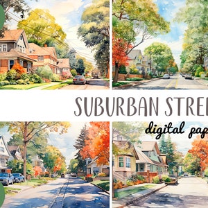 Watercolor suburban street clipart - cozy atmosphere -one-story america digital paper-american street, cars, houses JPG-cityscape background