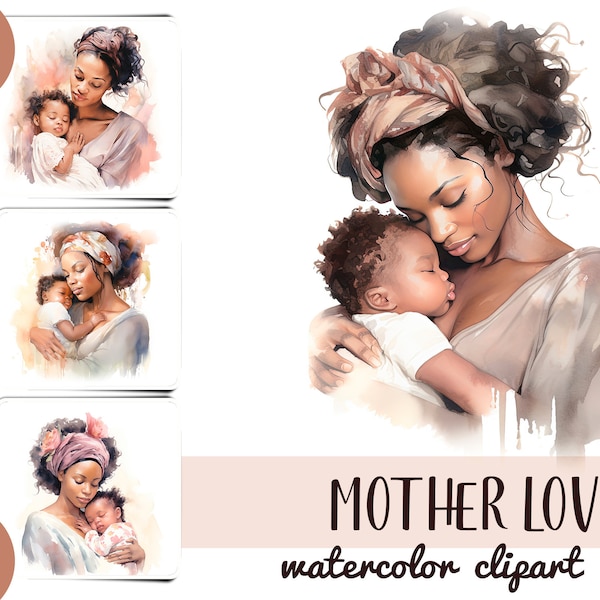 Watercolor dark-skinned mom and baby clipart - brown maternity graphic-tender illustration-black mother and daughter-mothers day sublimation