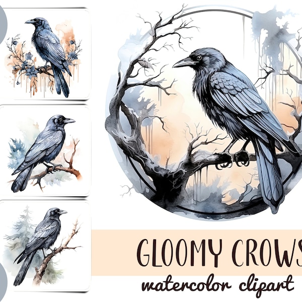 Watercolor gloomy crows clipart - composition with a raven digital paper - for Halloween postcards graphics-smart black bird JPG - gothic