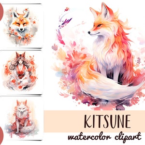 Aquarel kitsune clipart - fantastische vossen digitaal papier - Japanse folklore - yokai demon fox - pastelcompositie met een magische vos JPG