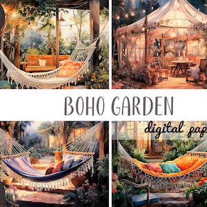 Akwarela boho ogród clipart - przytulny nocny ogród ze światłami w boho cyfrowym stylu papieru - wieczorny krajobraz-ławka, latarnie, girlandy JPG